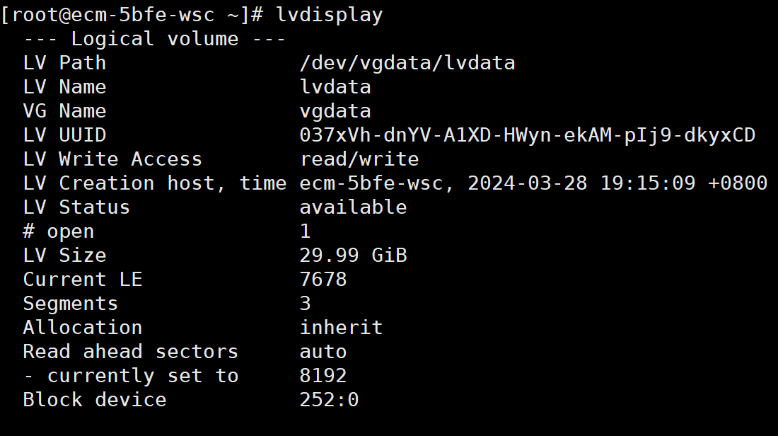 lvm 扩容 pvresize -v /dev/vdb     lvextend -l +100%FREE /dev/vgdata/lvdata